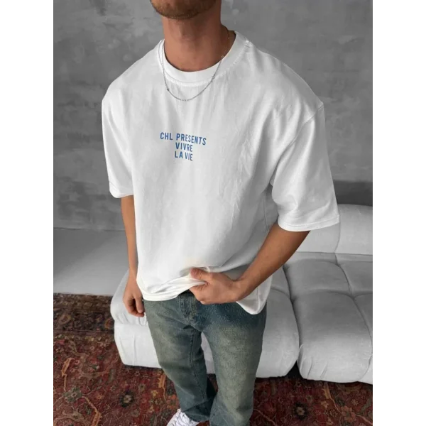 Ön ve Arka Baskılı Oversize Bisiklet Yaka T-shirt- Beyaz