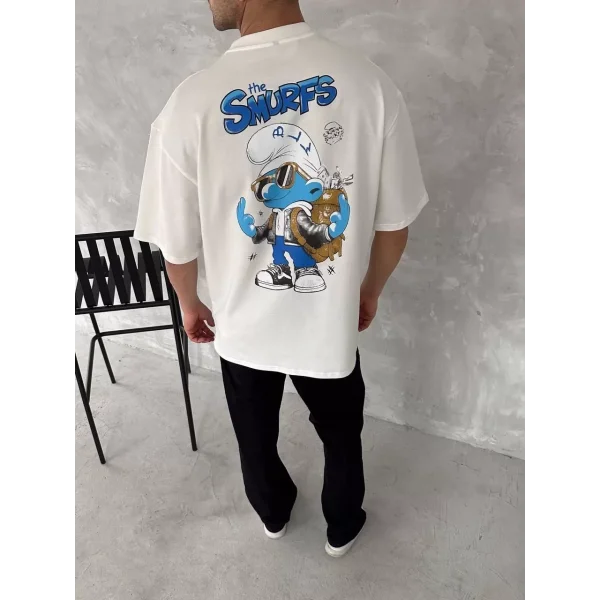 Ön ve Arka Baskılı Oversize Bisiklet Yaka T-shirt- Beyaz