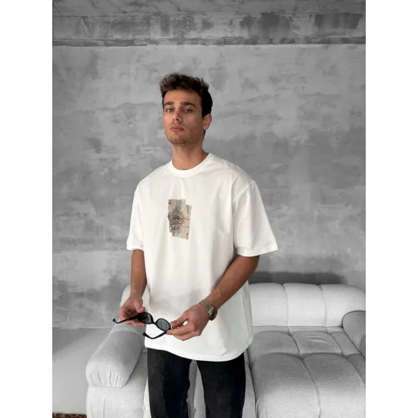 Ön ve Arka Baskılı Oversize Bisiklet Yaka T-shirt - Beyaz