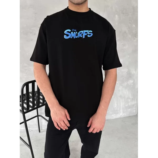 Ön ve Arka Baskılı Oversize Bisiklet Yaka T-shirt- Siyah