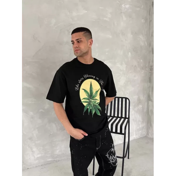 Ön ve Arka Baskılı Oversize Bisiklet Yaka T-shirt- Siyah