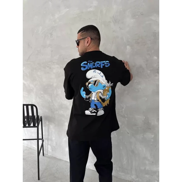 Ön ve Arka Baskılı Oversize Bisiklet Yaka T-shirt- Siyah