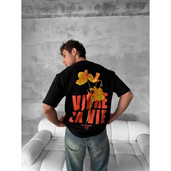 Ön ve Arka Baskılı Oversize Bisiklet Yaka T-shirt- Siyah