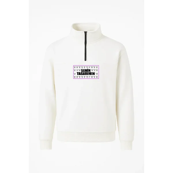 Ön Yarım Fermuarlı Oversize Yakalı Basic SweatShirt - Beyaz