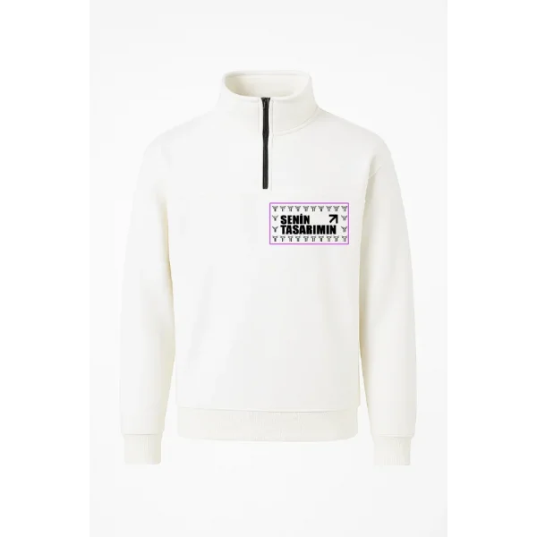 Ön Yarım Fermuarlı Oversize Yakalı Basic SweatShirt - Beyaz