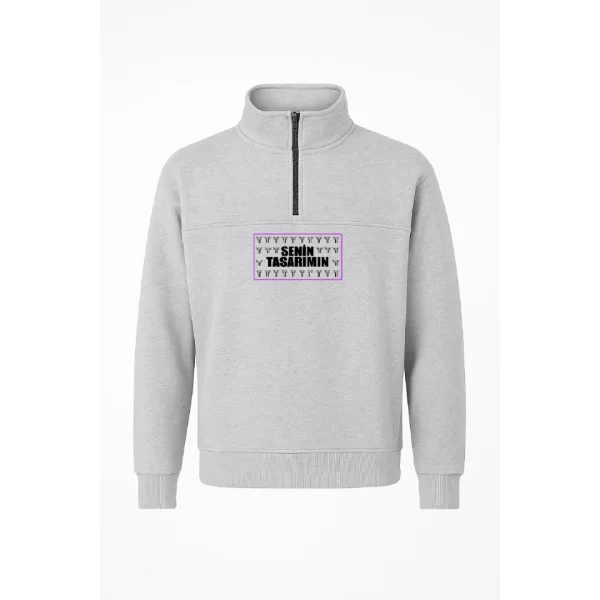 Ön Yarım Fermuarlı Oversize Yakalı Basic SweatShirt - Gri
