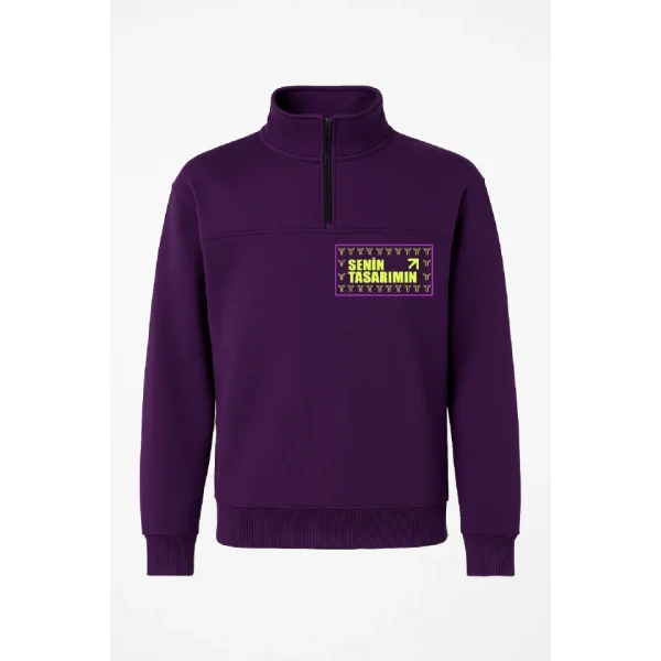 Ön Yarım Fermuarlı Oversize Yakalı Basic SweatShirt - Mor