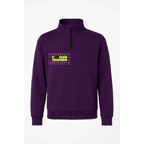 Ön Yarım Fermuarlı Oversize Yakalı Basic SweatShirt - Mor