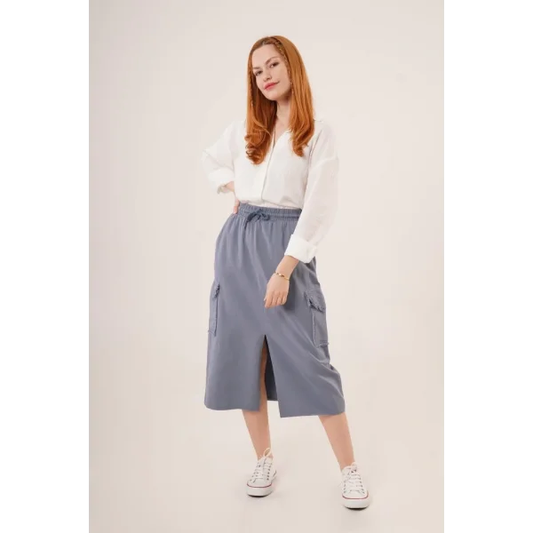 Ön Yırtmaçlı Cep Detaylı İndigo Etek