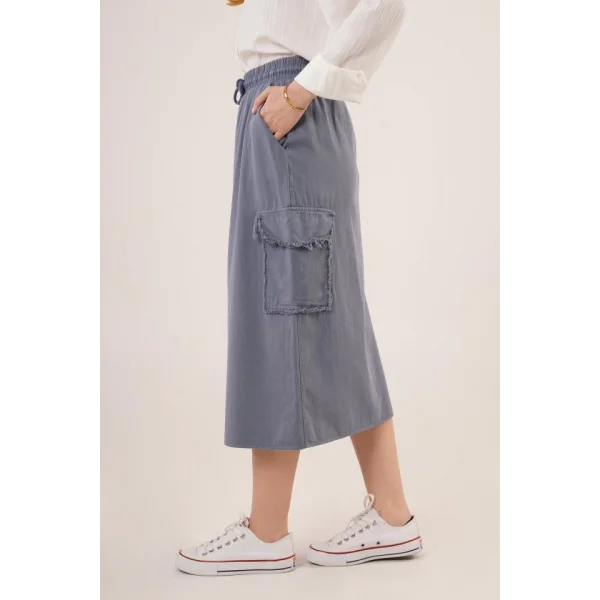 Ön Yırtmaçlı Cep Detaylı İndigo Etek