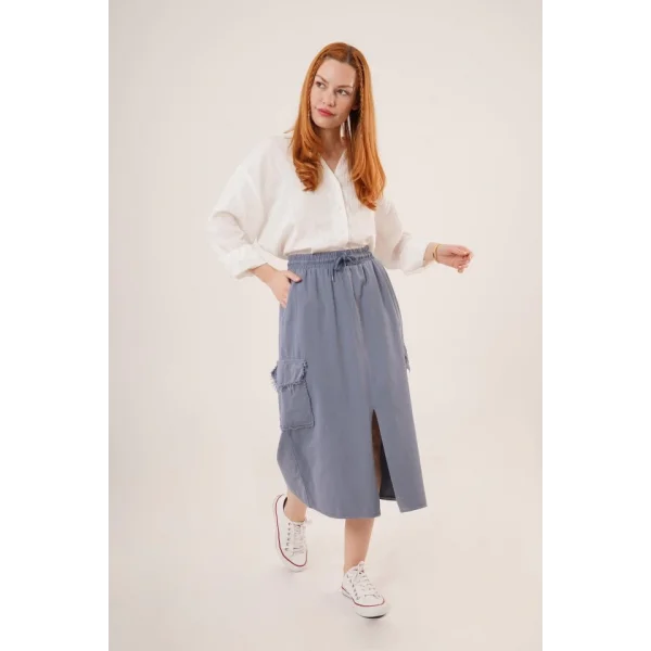 Ön Yırtmaçlı Cep Detaylı İndigo Etek