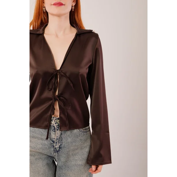 Önden Bağlama Detaylı aten Kahverengi Bluz