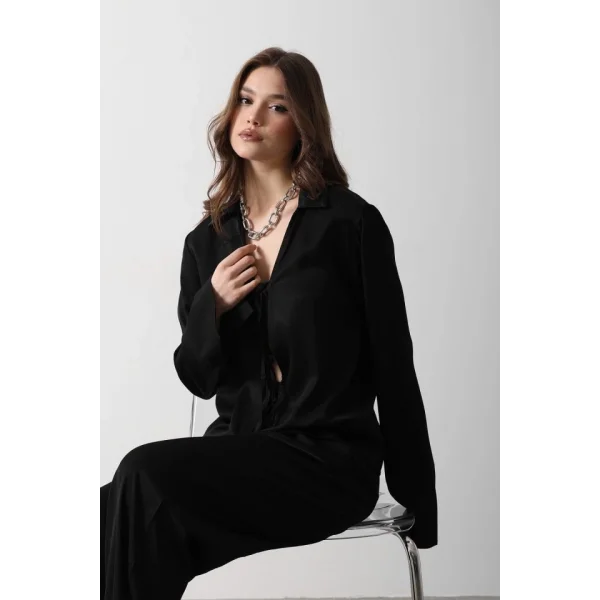 Önden Biyeli Bluz Ve Pantolon Takım  iyah