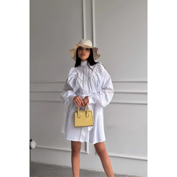 ÖNDEN DÜĞMELİ POPLİN KLOŞ ELBİSE BAĞLAMA KEMER DETAYLI - Beyaz