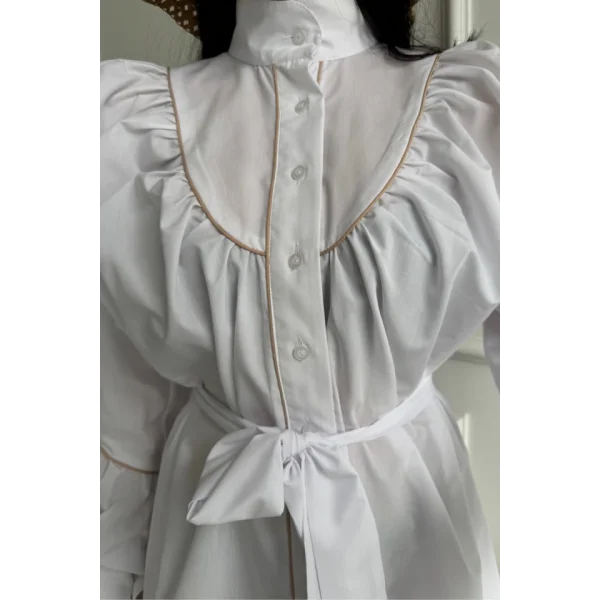ÖNDEN DÜĞMELİ POPLİN KLOŞ ELBİSE BAĞLAMA KEMER DETAYLI - Beyaz