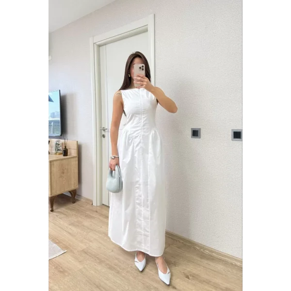 Önden Fermuar detaylı Kolsuz Uzun Elbise - Beyaz