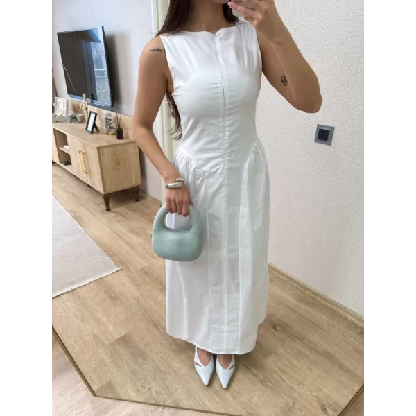 Önden Fermuar detaylı Kolsuz Uzun Elbise - Beyaz