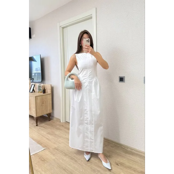 Önden Fermuar detaylı Kolsuz Uzun Elbise - Beyaz