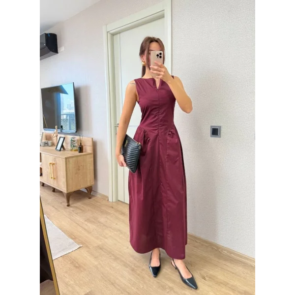 Önden Fermuar detaylı Kolsuz Uzun Elbise - Bordo