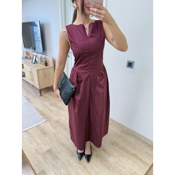 Önden Fermuar detaylı Kolsuz Uzun Elbise - Bordo