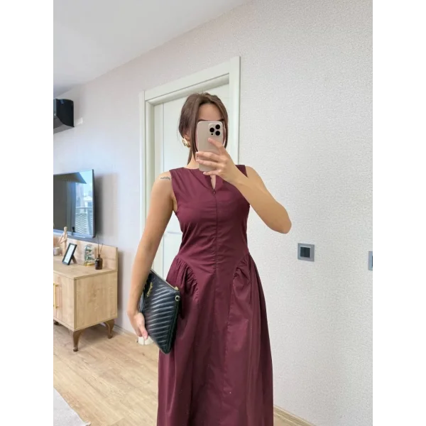 Önden Fermuar detaylı Kolsuz Uzun Elbise - Bordo