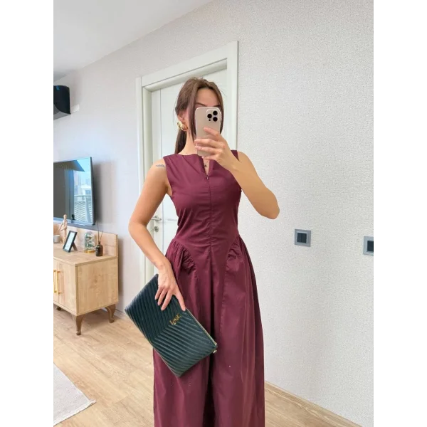 Önden Fermuar detaylı Kolsuz Uzun Elbise - Bordo