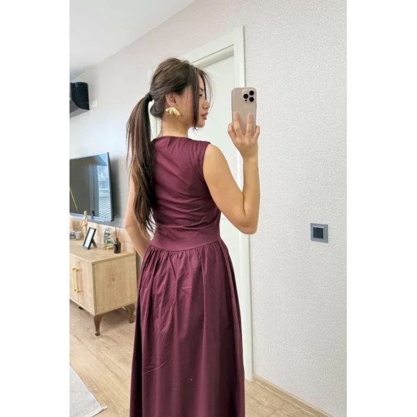 Önden Fermuar detaylı Kolsuz Uzun Elbise - Bordo