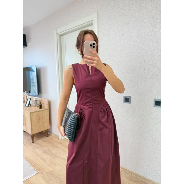 Önden Fermuar detaylı Kolsuz Uzun Elbise - Bordo