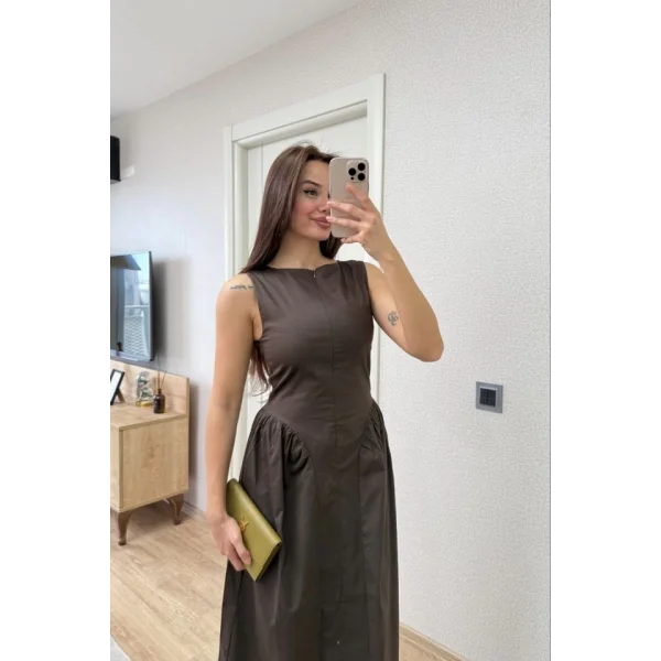 Önden Fermuar Detaylı Kolsuz Uzun Elbise - Kahve