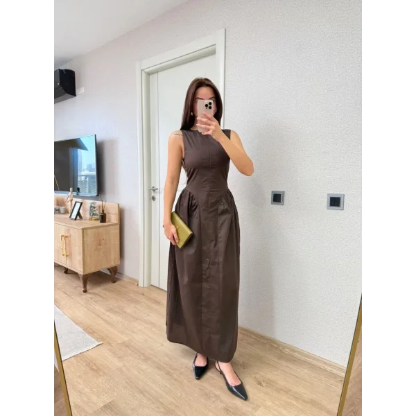 Önden Fermuar detaylı Kolsuz Uzun Elbise - Kahve