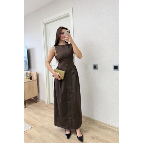 Önden Fermuar Detaylı Kolsuz Uzun Elbise - Kahve