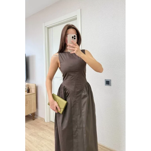 Önden Fermuar detaylı Kolsuz Uzun Elbise - Kahve