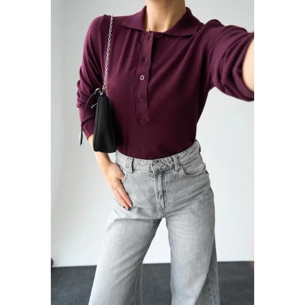 Önü 4 Düğme Polo Yaka Kazak  Bordo