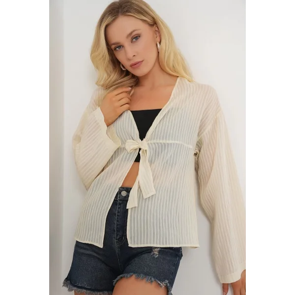 Önü Bağcıklı Bluz 952 - Krem