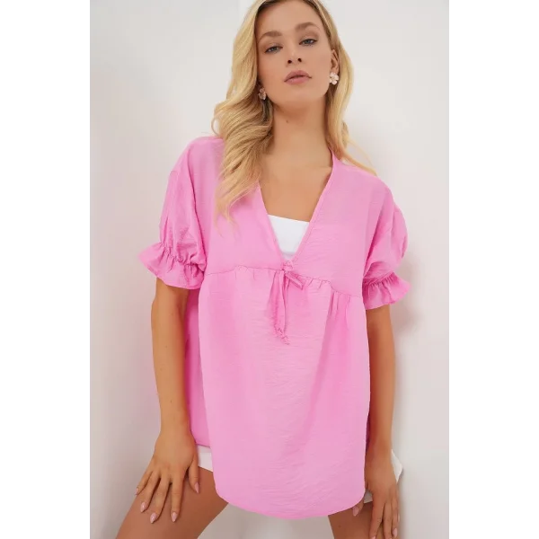 Önü Bağcıklı Kısa Kol Bluz 962 - Pembe