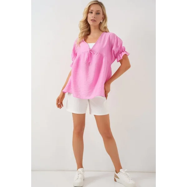 Önü Bağcıklı Kısa Kol Bluz 962 - Pembe