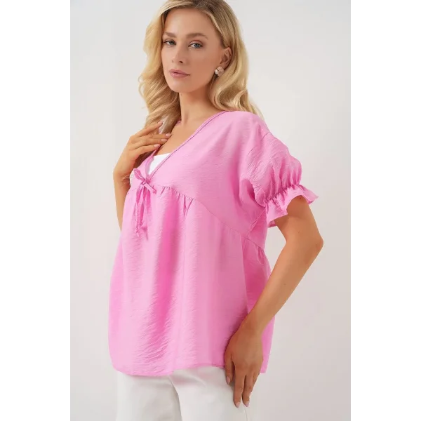 Önü Bağcıklı Kısa Kol Bluz 962 - Pembe