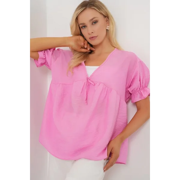 Önü Bağcıklı Kısa Kol Bluz 962 - Pembe