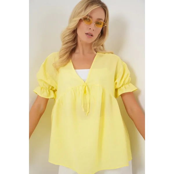 Önü Bağcıklı Kısa Kol Bluz 962 - Sarı