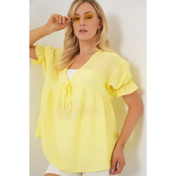 Önü Bağcıklı Kısa Kol Bluz 962 - Sarı