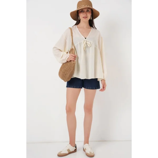 Önü Bağcıklı Uzun Kol Bluz 946 - Krem
