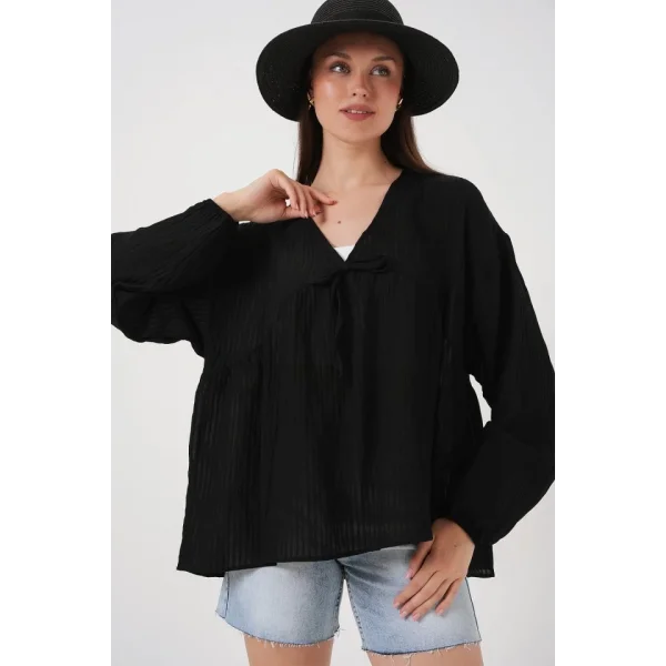 Önü Bağcıklı Uzun Kol Bluz 946 - Siyah