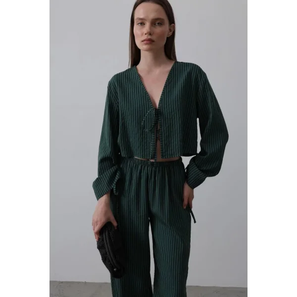 Önü Bağlamalı Crop Takım - Yeşil