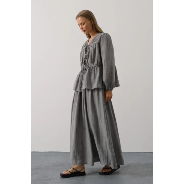 Önü Bağlamalı Etekli Takım - Gri