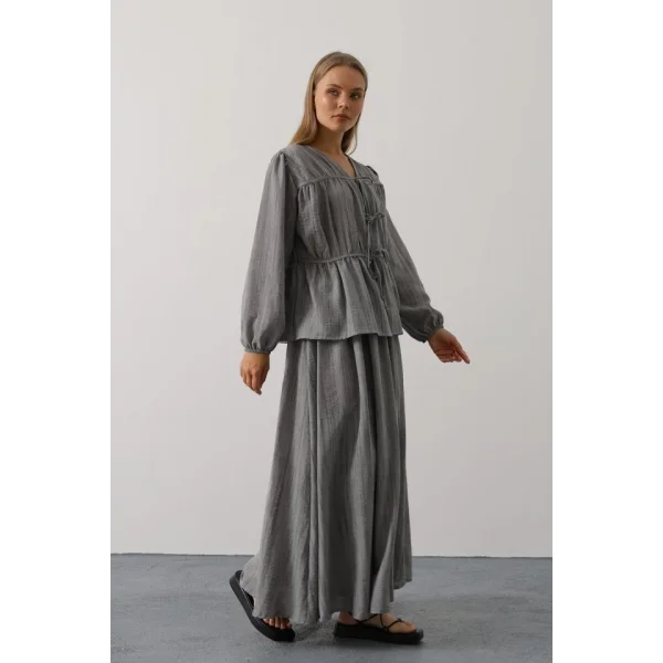 Önü Bağlamalı Etekli Takım - Gri