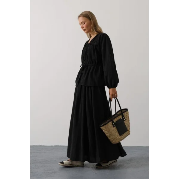 Önü Bağlamalı Etekli Takım - Siyah