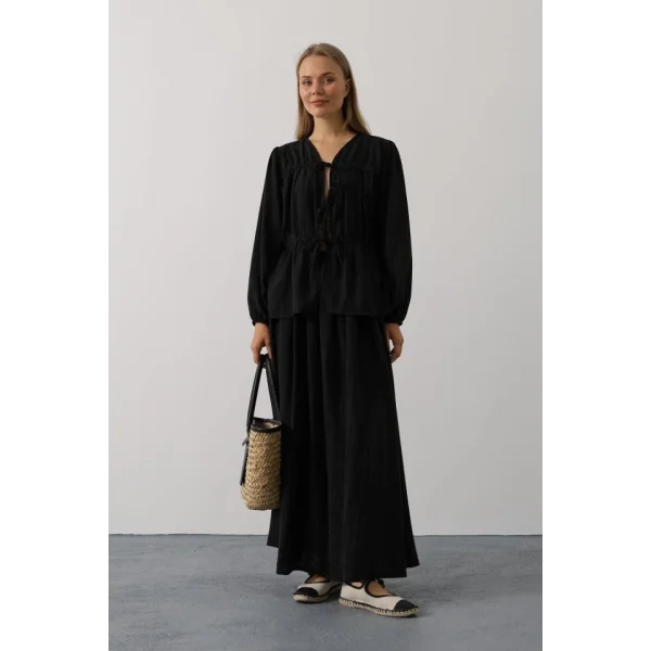 Önü Bağlamalı Etekli Takım - Siyah