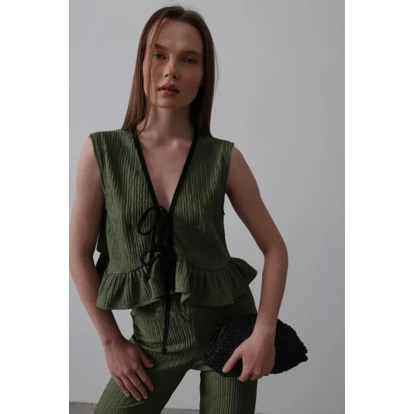 Önü Bağlamalı Volanlı Örme Takım - Haki