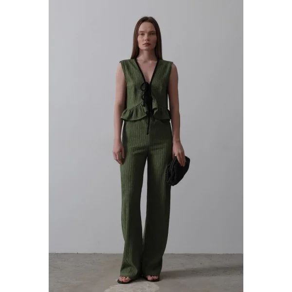 Önü Bağlamalı Volanlı Örme Takım - Haki