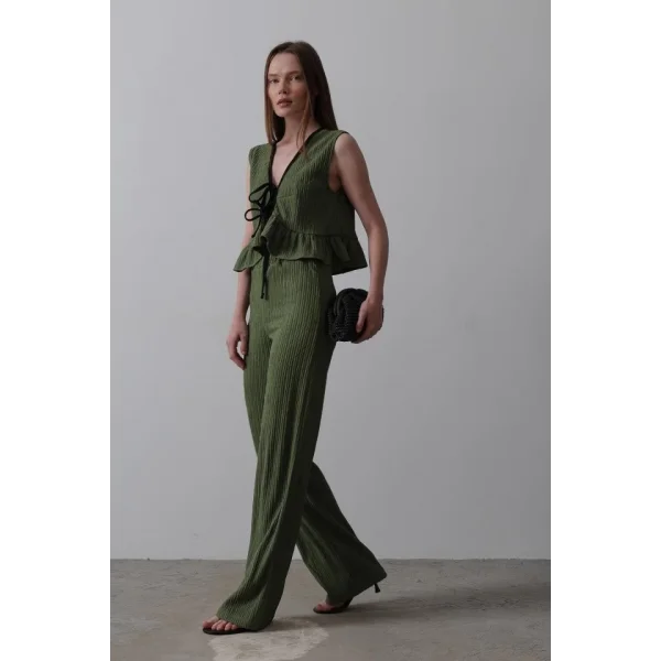 Önü Bağlamalı Volanlı Örme Takım - Haki